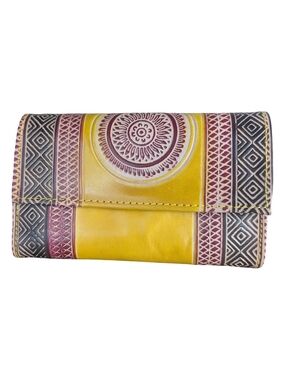 Tooled Leather Yellow Geometric Boho Wallet Clutch Boho Artisan